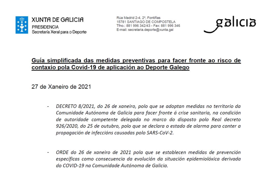 Guía simplificada das medidas preventivas para facer fronte ao risco de contaxio pola Covid-19 de aplicación ao Deporte Galego (DOGA 27/01/2021)