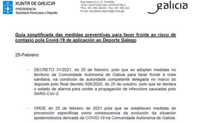 Guia simplificada da SXD (25/02/2021) e novas medidas e adaptación das restricións da Comunidade Autóma de Galicia para conter a COVID-19 que afectan ao Deporte